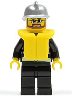 LEGO Minifigure-Fire - Reflective Stripes, Black Legs, Silver Fire Helmet, Beard and Glasses, Life Jacket-Town / City / Fire-CTY251-Creative Brick Builders